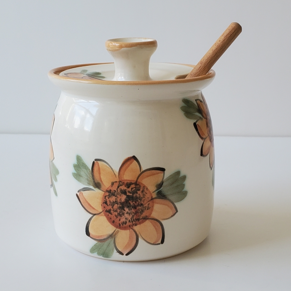 Signed Studio Pottery Sunflower Honey Jar Pot with Wooden Dipper French Quimper